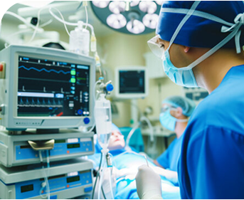 medical worker looking at screen with patient vitals